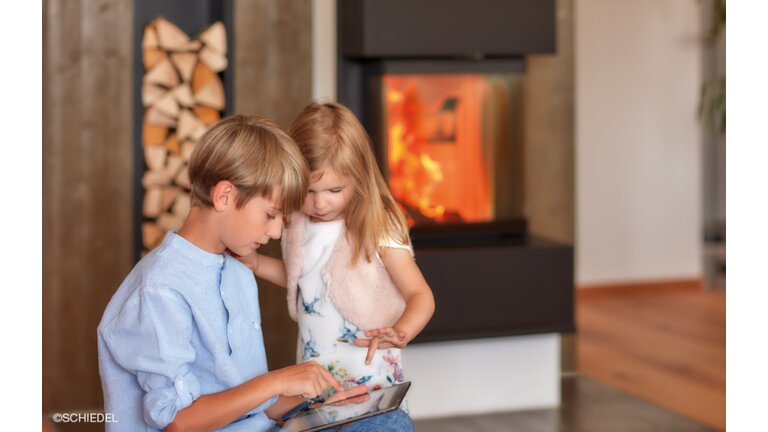Kamin, Grande, Ofen, Feuer, Kinder, Tablet, 